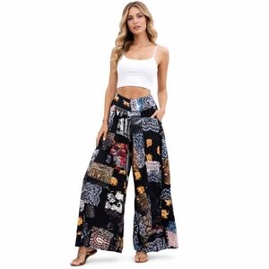 Lofbaz 100% Viscose Patchwork Print Wide Leg Pants Boho Elephant Floral